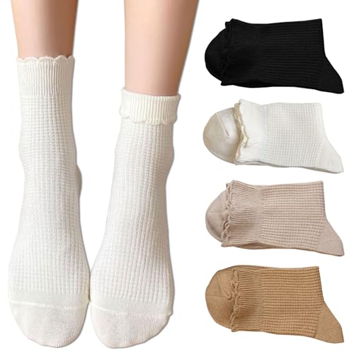 zrylibya Women Cute Ruffle Frilly Turn Cuff Ankle Socks Scalloped Pointelle Solid Casual Crew Socks 4 Pairs - One Size - Black,white,khaki,yellow