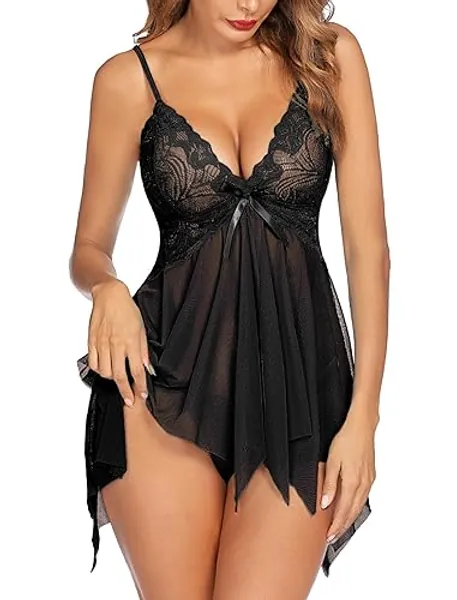 Avidlove Lingerie for Women Lace Babydoll Sleepwear Boudoir Outfits Plus Size Langeray XS-5XL - A-black - Small