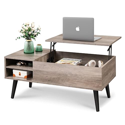 WLIVE Lift Top Coffee Table with Storage for Living Room,Small Hidden Compartment and Adjustable Shelf,Mid Century Modern ,Wood,Greige - Greige - 39.37"D x 19.69"W x 16.93"H