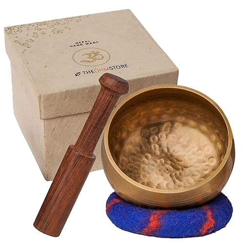 Ohm Store Tibetan Singing Bowl Set — Meditation Sound Bath Bowl and Wooden Striker with Lokta Gift Box — Hand Hammered Nepali Instrument for Yoga, Chakra Healing and Stress Relief - Bronze Gift Box