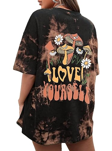 CSDAJIO Women's Trendy Oversized T Shirt Graphic Tee Crewneck Short Sleeve Loose Cute Going Out Summer Tops - Large - Back Mushr Tiedyebrwon