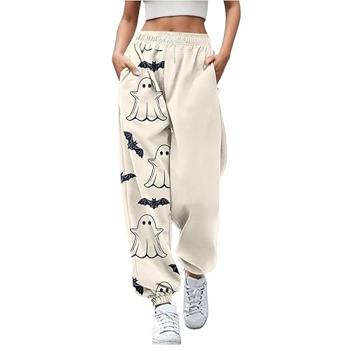 Halloween Sweatpants Women Cute Ghostface Pumpkin Joggers Gothic Spooky Sweat Pants with Pockets Fall Outfits - Large - A1-beige