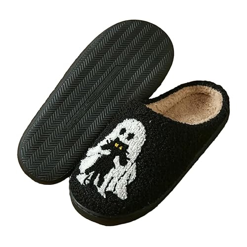 Halloween Slippers for Women Spooky Ghostface Slides Cute Kitty House Shoes Halloween Fun Gifts for Adults - Black - 7.5-8.5