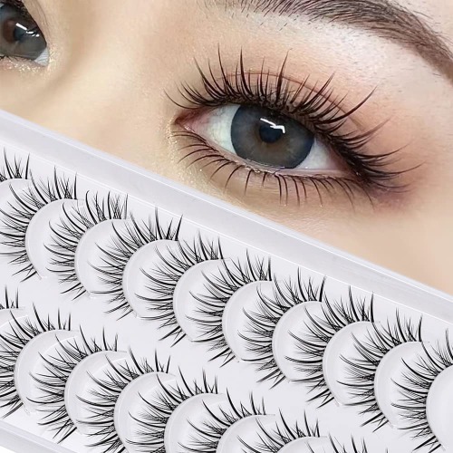 Manga Lashes Natural Look Japanese Anime Lashes Korean Asian Wispy Spiky Lashes with Clear Band Short Fake Eyelash 10 Pairs Pack by outopen - C-Clear Band Y6|8-13MM