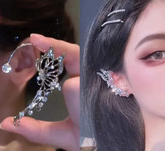 Luxury Zircon Butterfly Elf Earrings Butterfly Wrap Around Ear Earring Fairy No Piercing Ear Cuff Jewelry Gift Pendiente Mujer