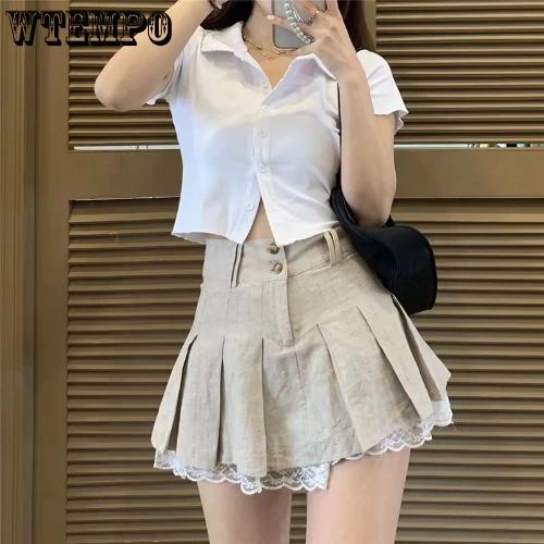 Korean Fashion Khaki Short Skirt Lace Trim Cute Pleated Skirts Womens Preppy Style Button Up High Waist Summer Skirt