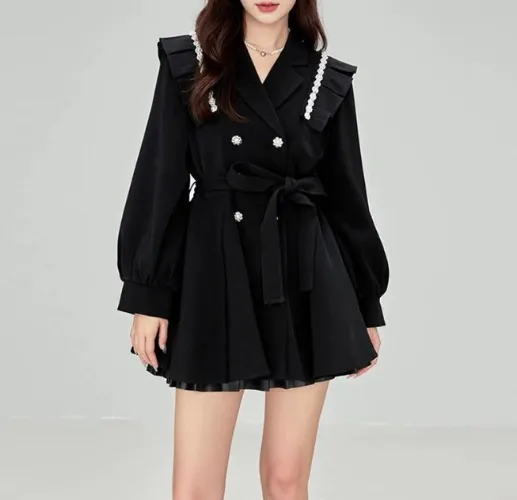 Korean Fashion Black Mini Blazer Dress Women Elegant Chic Sashes Button Design Dress Winter Casual Sexy Evening Party Dress New