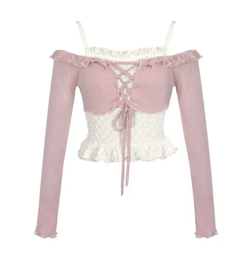 18.6US $ 50% OFF|Korean Style Pink Off Shoulder Women Casual Y2k Vintage Sexy T-shirt Streetwear Long Sleeve Crop Tops 2-piece 2022 Autumn - T-shirts - AliExpress