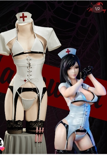 Tifa Derivative Sexy Cosplay Lingerie White Nurse Uniform Cut Out Bodysuit with Black and White Bra and Thong