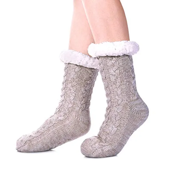 SDBING Women's Winter Super Soft Warm Cozy Fuzzy Fleece-Lined with Grippers Slipper Socks - Light Gray Ab