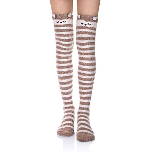 Wander G Womens Over Knee High Fuzzy Socks Cute Cartoon Thigh High Stockings Warm Stripe Leg Warmers - 1 Pair Stripe Owl