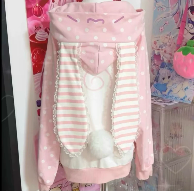 Japanese Kawaii Lolita Zipper Hoodies Women Sweet Pink Strip - TikTok Shop