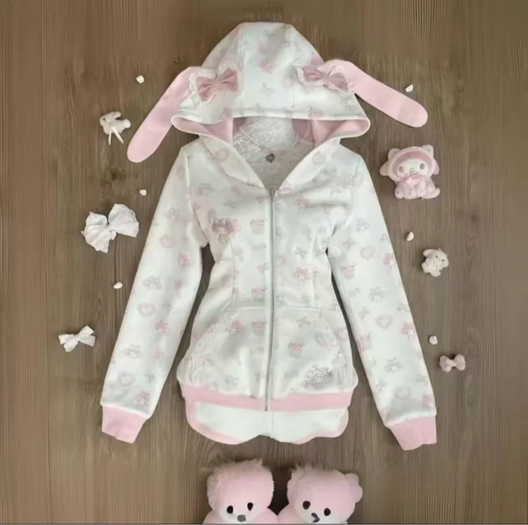 Japanese Kawaii cartoon rabbit print hoodie pink subculture bow - TikTok Shop