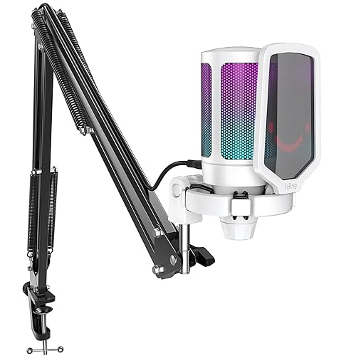 FIFINE Streaming Gaming USB Microphone Kit, PC Condenser RGB Mic Compatible with PS4/PS5, Plug and Play for Music Recording, Online Game, Discord, Twitch, with Pop Filter, Shock Mount-A6T White - White