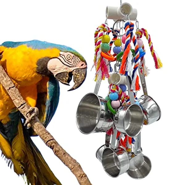 GILYGI New Upgraded Pots and Multicolored Ring Toys, Pullable 8 Stainless Steel Cups and 8 Wooden Ring Toys for Large and Extra Large Parrot Amazons Macaws African Greys Cockatoos