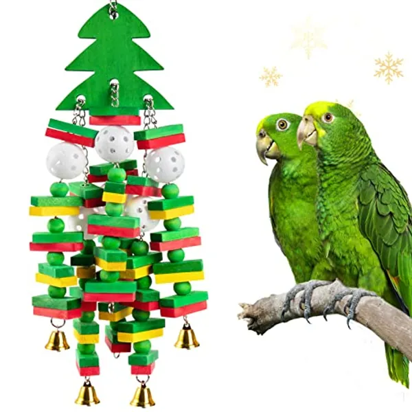 MEWTOGO Large Bird Toy, Natural Wooden Parrots Toy with Colorful Edible Blocks for Macaws African Grey Amazon Parrots Cockatoos, Bird Chewing Toy for Gifts Playing(Green)