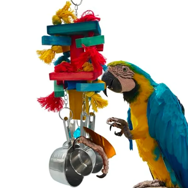 GILYGI Large Bird Parrot Toys, Multicolored Natural Wooden Blocks and Cotton Knots with Stainless Steel Cups for Large and Extra Large Parrots Macaw African Gray Amazon Cockatoo