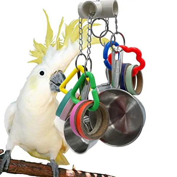 GILYGI Pullable Parrots Pots and Bagel Toys, Bird Stainless Steel Cup and Cardboard Ring Toys for Medium and Large Parrot Amazons Mini Macaws African Greys Cockatoos Eclectus Guaker