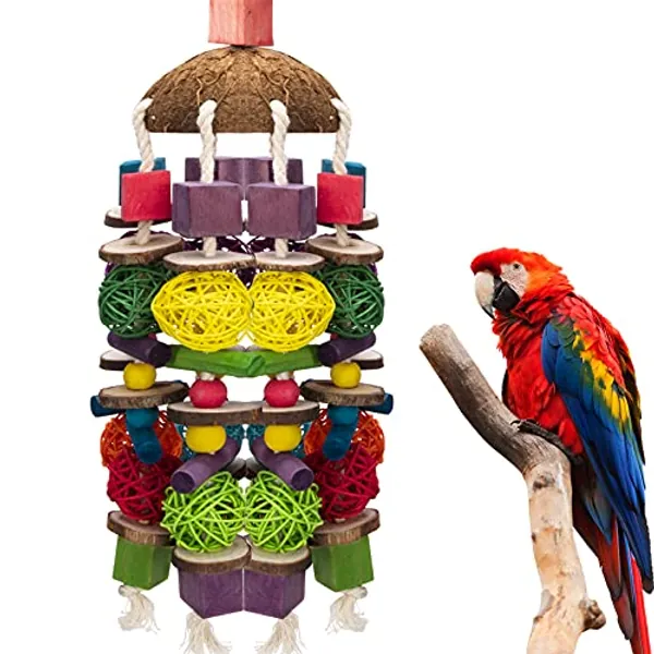 EBaokuup Large Bird Parrot Toys, Multicolored Wooden Blocks Bird Chewing Toy Parrot Cage Bite Toy for Macaws Cokatoos African Grey and Large Medium Parrot Birds