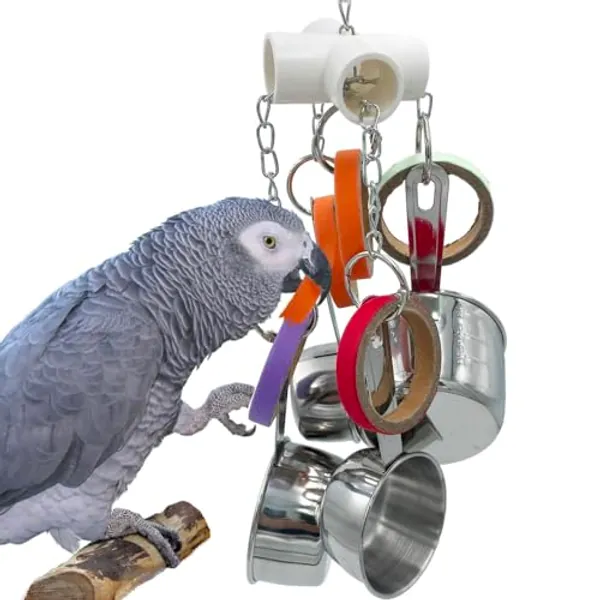 GILYGI Durable Bird Parrots Pots and Bagel Toys, Pullable Stainless Steel Cup and Cardboard Ring Toys for Amazons Mini Macaws African Greys Cockatoos Eclectus