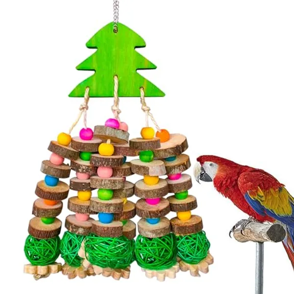 Parrot Toys, Large Bird Parrot Chewing Toys for Medium-Sized Macaws, Natural Wooden Blocks Christmas Tree Shape, African Grey Parrots, Amazon Parrots, Medium-Sized Bird cage Toys
