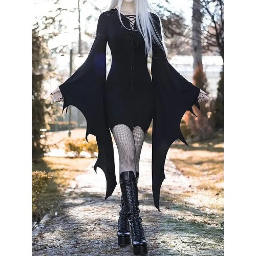 Black Gothic Forest Witch Dress with Flowy Wing Style Sleeves - L