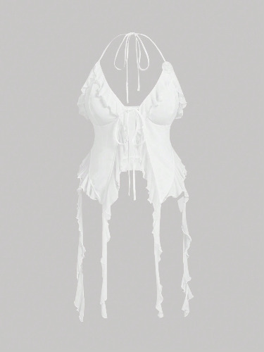 SHEIN MOD Plus Size Romantic White Ruffle Trim 3D Floral Design Halter Neck Top