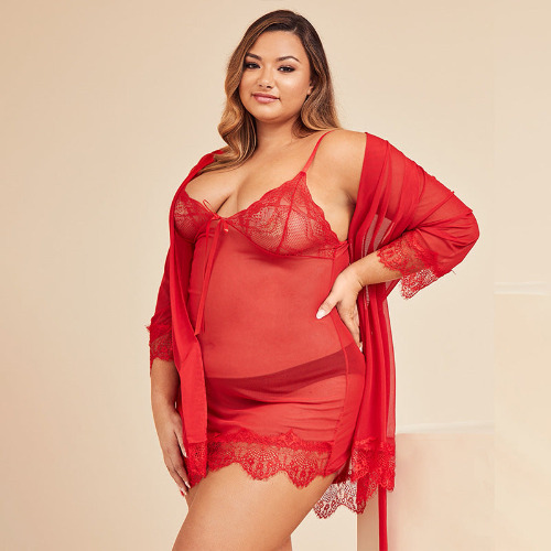 Plus Size Red Lace Transparent Pajamas Nightdress Set - XXL / Red