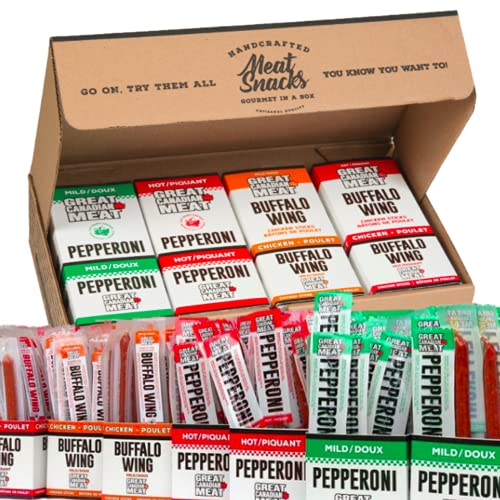 Pepperoni Sticks Variety Flavour Bulk Box, Hot & Mild / Buffalo Wing Bundle 72 x 22g Caddies by Great Canadian Meat, Meat Stick Snacks, Bulk Pepperoni Sticks Box For Carnivores. Perfect For Snacking, Gluten Free, High In Protein