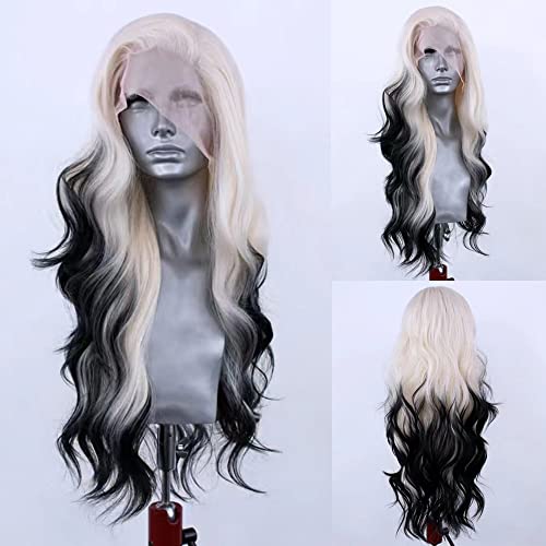 RONGDUOYI Ombre Black Synthetic Lace Front Wig for Women Blonde to Black Colored Lace Wig Body Wave Platinum Roots Lace Wig Synthetic Daily Wear Costume Party Wig - Platinum Black BW