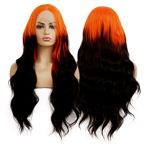 RONGDUOYI Orange Black Wigs for Women Free Part Synthetic Lace Front Wig Ombre Color Black and Orange Body Wave Wig Glueless Natural Hairline Daily Use Cosplay Wig 150% Density - Orange Black BW