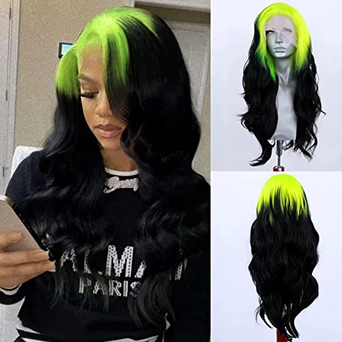 RONGDUOYI Neon Green Wigs for Women Free Part Synthetic Lace Front Wig Ombre Color Black and Green Wigs Glueless Natural Hairline Daily Use Cosplay Wig 150% Density - Neon Black BW