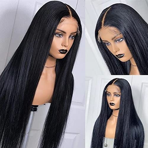 Ambeson Long Straight Black Hair Middle Part Glueless Synthetic Lace Front Wigs for Women 22 inch… - Black