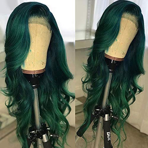 ANDRIA Ombre Green Loose Wave Wigs Lace Front Wigs Blue Dark Root 2 Tone Glueless Natural Wave Synthetic Heat Resistant Fiber Hair Wig With Baby Hair For Women 24 Inch - 24 Inch Long Body Wave Wig - Ombre Green Body Wave Wig
