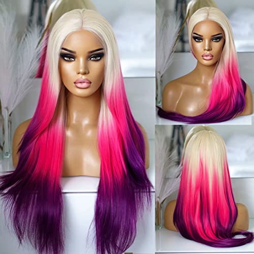 RONGDUOYI Ombre Color Synthetic Lace Front Wig Long Straight Platinum Blonde to Pink Purple Wigs for Women Natural Colored Synthetic Hair Daily Use Cosplay - Ombre Pink Purple ST