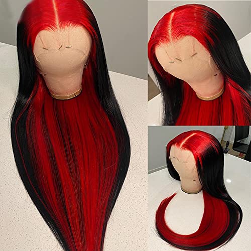Highlight Ombre Lace Front Wig Human Hair Pre Plucked 13x4 HD Transparent Red/Natural Color Lace Frontal Wigs with Baby Hair 180% Density Colored Straight Lace Front Wig Human Hair for Black Women 22" - 22 Inch - #Red/Natural Color