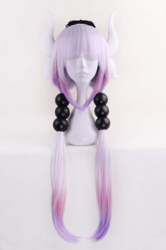 Anime Cosplay Wig Long Purple White Mixed Gradient Hair Synthetic Wigs+6 Balls+Horn+Tail - 