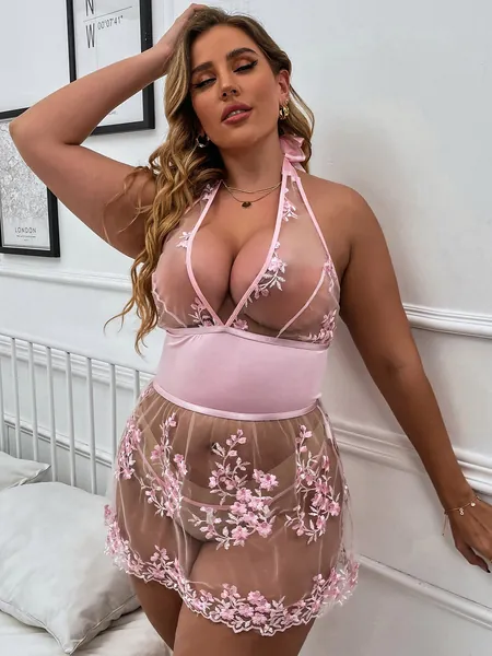 Plus Floral Embroidery Mesh Slips With Thong