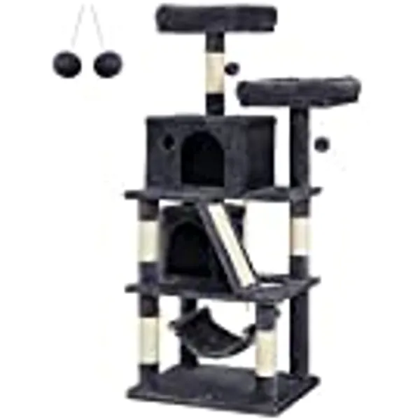 FEANDREA Cat Tree, Cat Tower with 2 Cat Caves, Hammock, 61 Inches, Cat Activity Center with Scratching Posts and Board, Smoky Gray UPCT163G01
