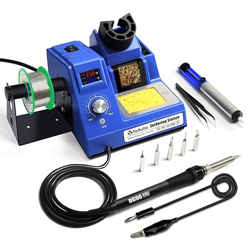 TOAUTO DS90 Soldering Station-°F & °C Dual Digital Display Soldering Iron Station Kit,90W Soldering Iron,302℉- 842℉ Temperature, Anti-Static & Grounding Wire, Auto Standby & Sleep,5 Solder Tips, Blue - Blue