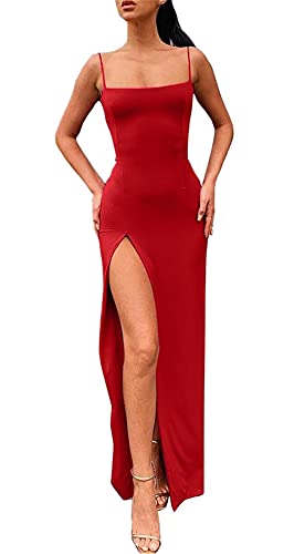PRIMODA Women's Spaghetti Strap Backless Thigh-high Slit Bodycon Maxi Long Dress Club Party Dress - Small - Red