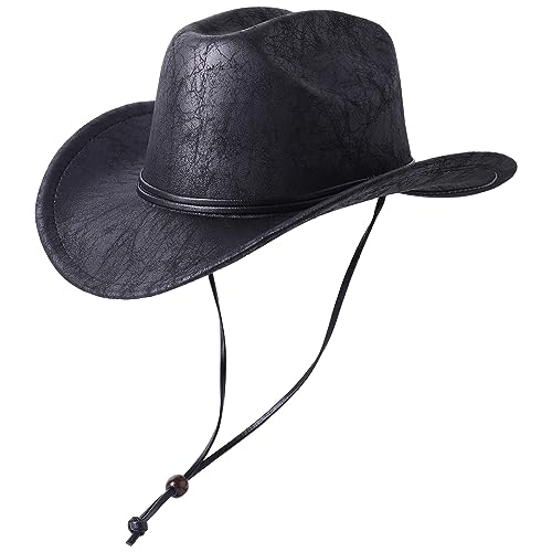 Lanzom Women Men Leather Western Hat Cowboy Hat Cowgirl hat Wide Brim Hat with Lanyard - One Size - B-black
