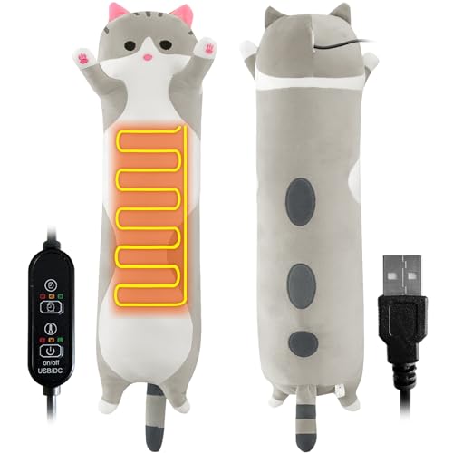 CRIMMY Heating Pad for Menstrual Cramps Period & Neck Shoulder Pain Relief, Portable Cuddly 19.7" Plush Cat with a Hot Soft Belly USB Powered, Gift for Daughter Girlfriend Wife (Grey) - Grey