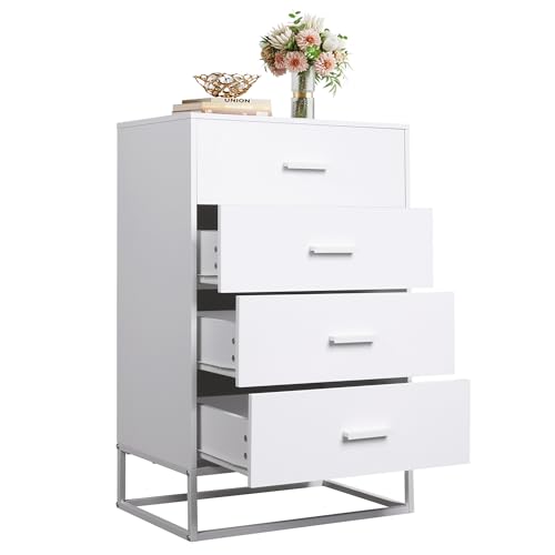 WLIVE Dresser for Bedroom with 4 Drawers, Chest of Drawers, Tall Dresser Drawers with Sturdy Metal Frame for Nursery, Hallway, Living Room, Closet, White - White