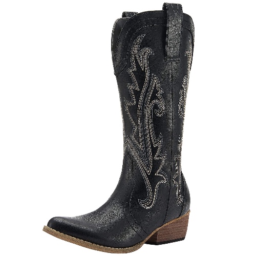 HISEA Rollda Cowboy Boots Women Western Boots Cowgirl Boots Ladies Pointy Toe Fashion Boots - 9 Black