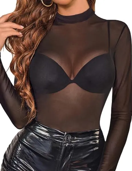Avidlove Mesh Top Mesh Top for Women Long Sleeve Mock Neck S-XXL - Medium - Black