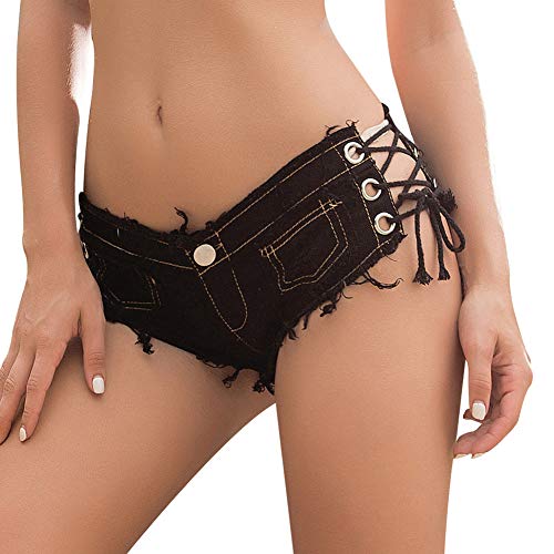 FEOYA Women's Low Rise Denim Shorts Sexy Cut Off Mini Hot Pants Lace Up Frayed Cheeky Booty Shorts Clubwear - Black Medium