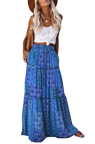 Punude Women's 2024 Summer Skirt High Waist Flowy A Line Boho Skirt Maxi Skirt with Pockets - Medium - Blue