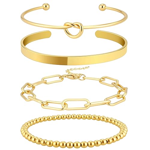 Reoxvo Gold Bracelets for Women Stack 14k Gold Plated Brass Charm Bangle Cuff Bracelet Set for Women Non Tarnish Gold Beaded Paperclip Chain Link Bracelets Jewelry for Women Trendy - Style A
