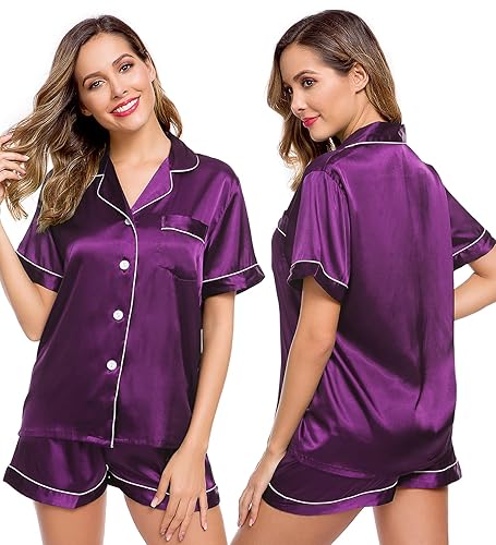 LecGee Womens Silk Satin Pajamas Short Sleeve Loungewear Two-Piece Sleepwear Button-Down Pj Set - Medium - Purple-03